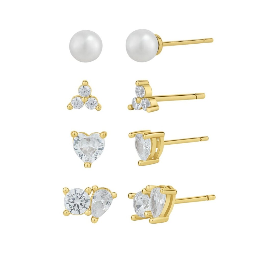And Now This‎ Cubic Zirconia 18K Gold Over Brass & Imitation Pearl 4 Earring Set